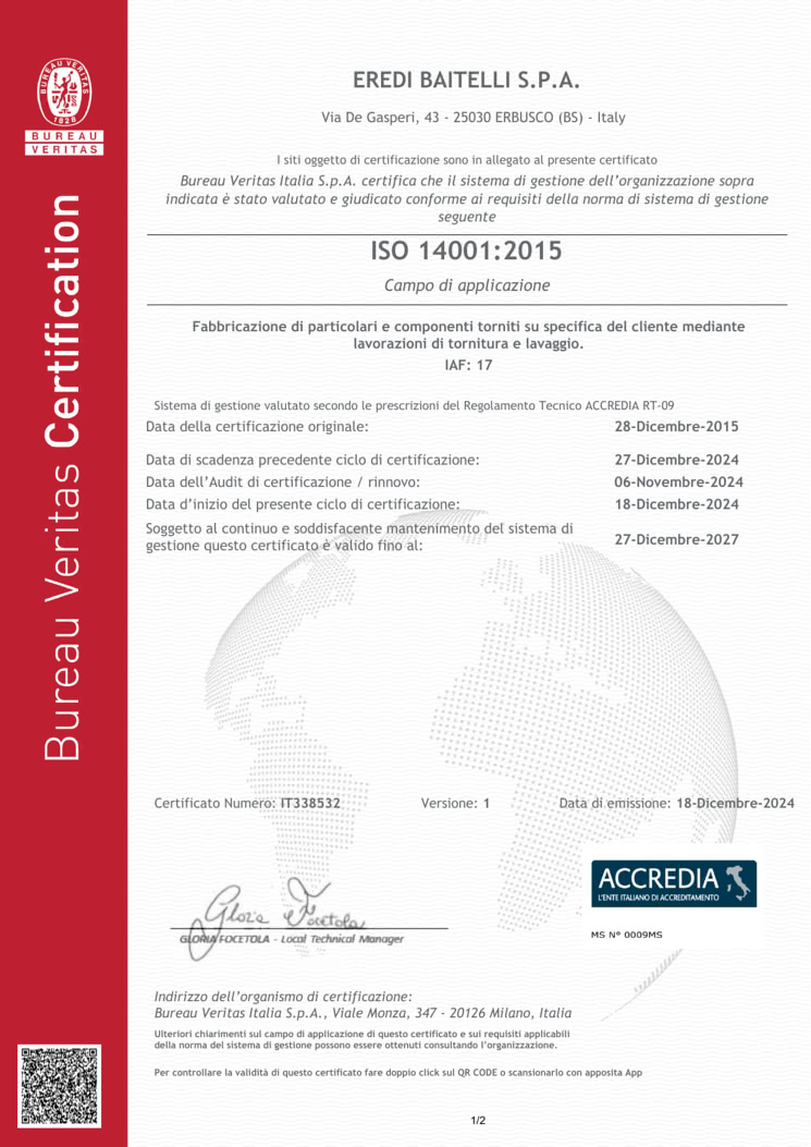 Certificato ISO 14001:2015 – Eredi Baitelli S.p.A.