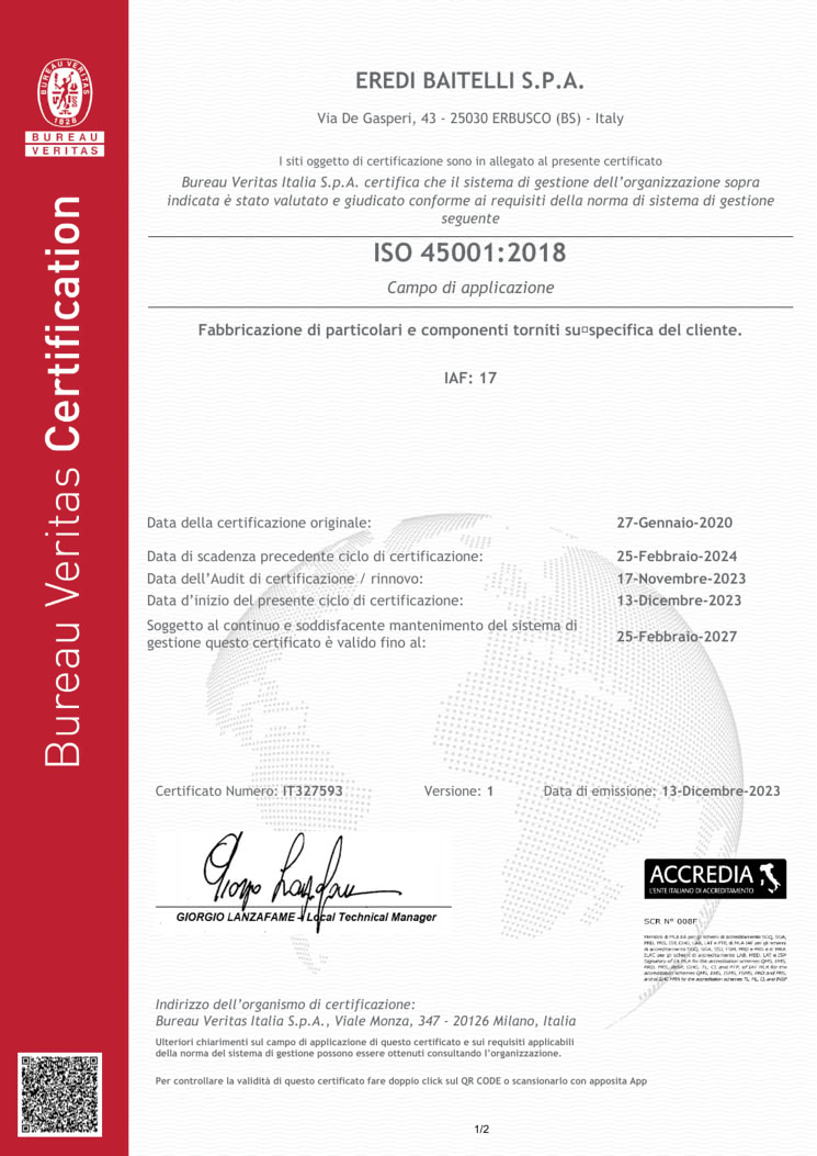 Certificato ISO 45001:2018 – Eredi Baitelli S.p.A.
