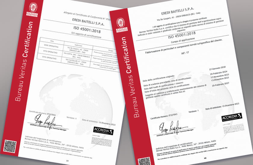 Certificato ISO 45001:2018 di Eredi Baitelli emesso da Bureau Veritas, con timbri Accredia e firme autorizzate.